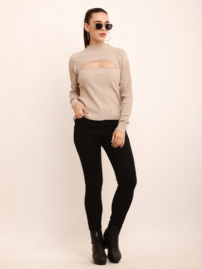 Viscose Chest Cut out Ribbed Turtle Neck Crop Grey Top 