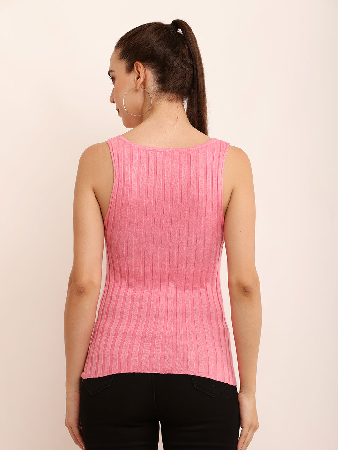 Viscose V-Neck with Maximum stretchable sleeveless Baby Pink Crop Tank Top