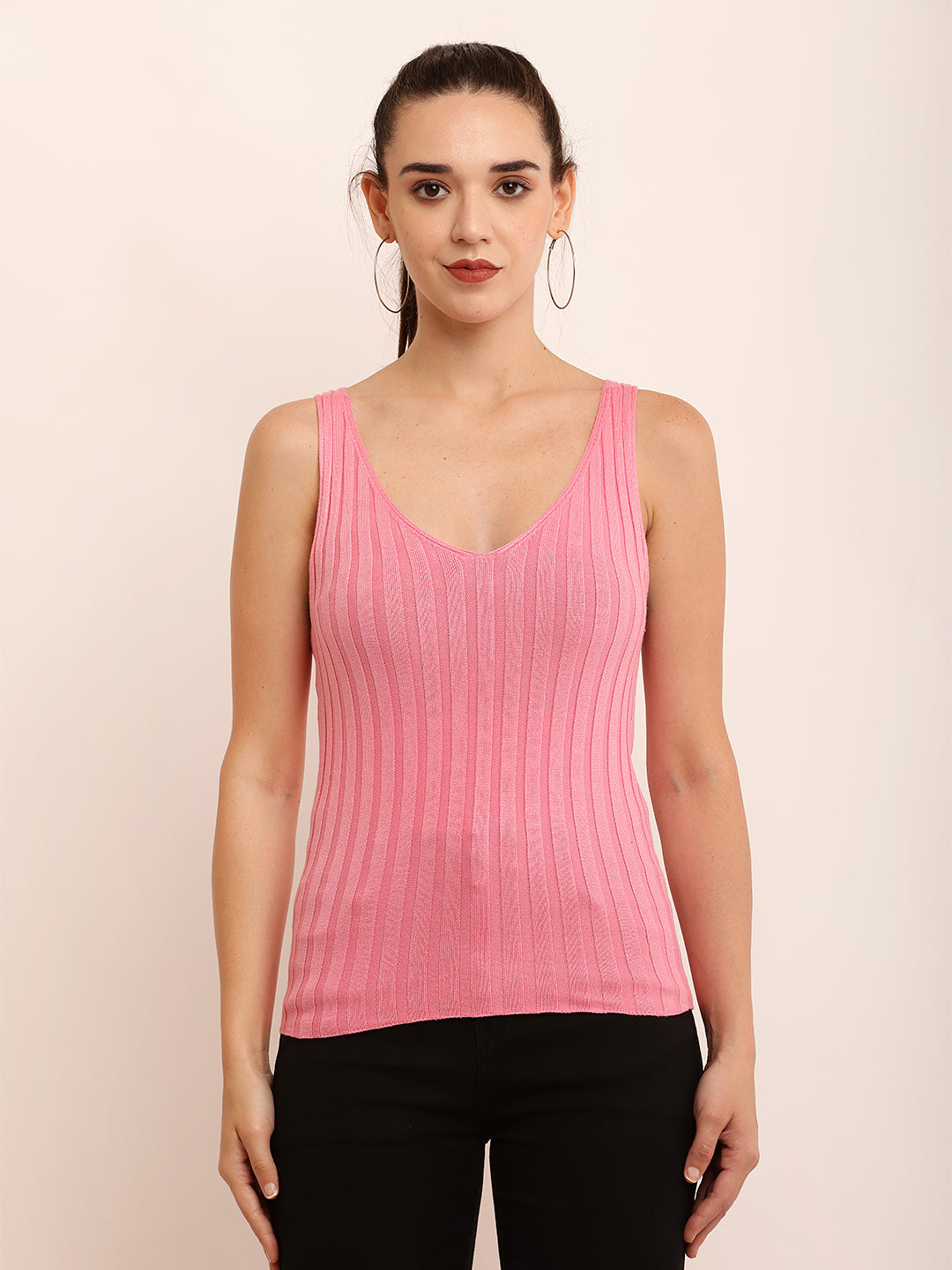 Viscose V-Neck with Maximum stretchable sleeveless Baby Pink Crop Tank Top