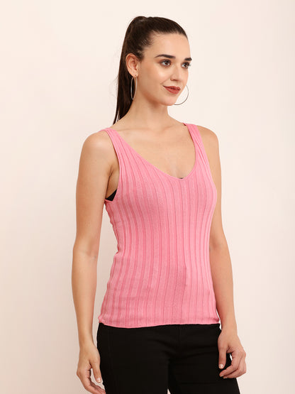 Viscose V-Neck with Maximum stretchable sleeveless Baby Pink Crop Tank Top