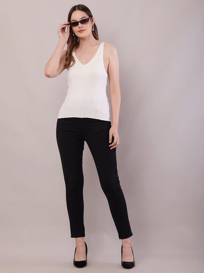 Viscose V-Neck with Maximum stretchable sleeveless White Crop Tank Top