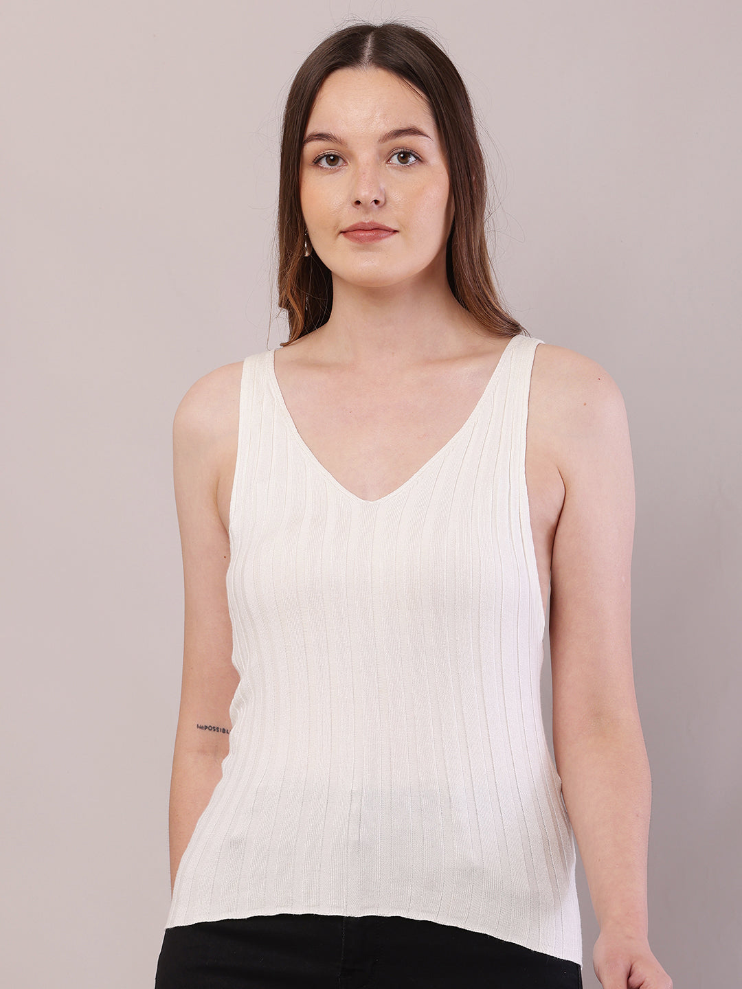 Viscose V-Neck with Maximum stretchable sleeveless White Crop Tank Top