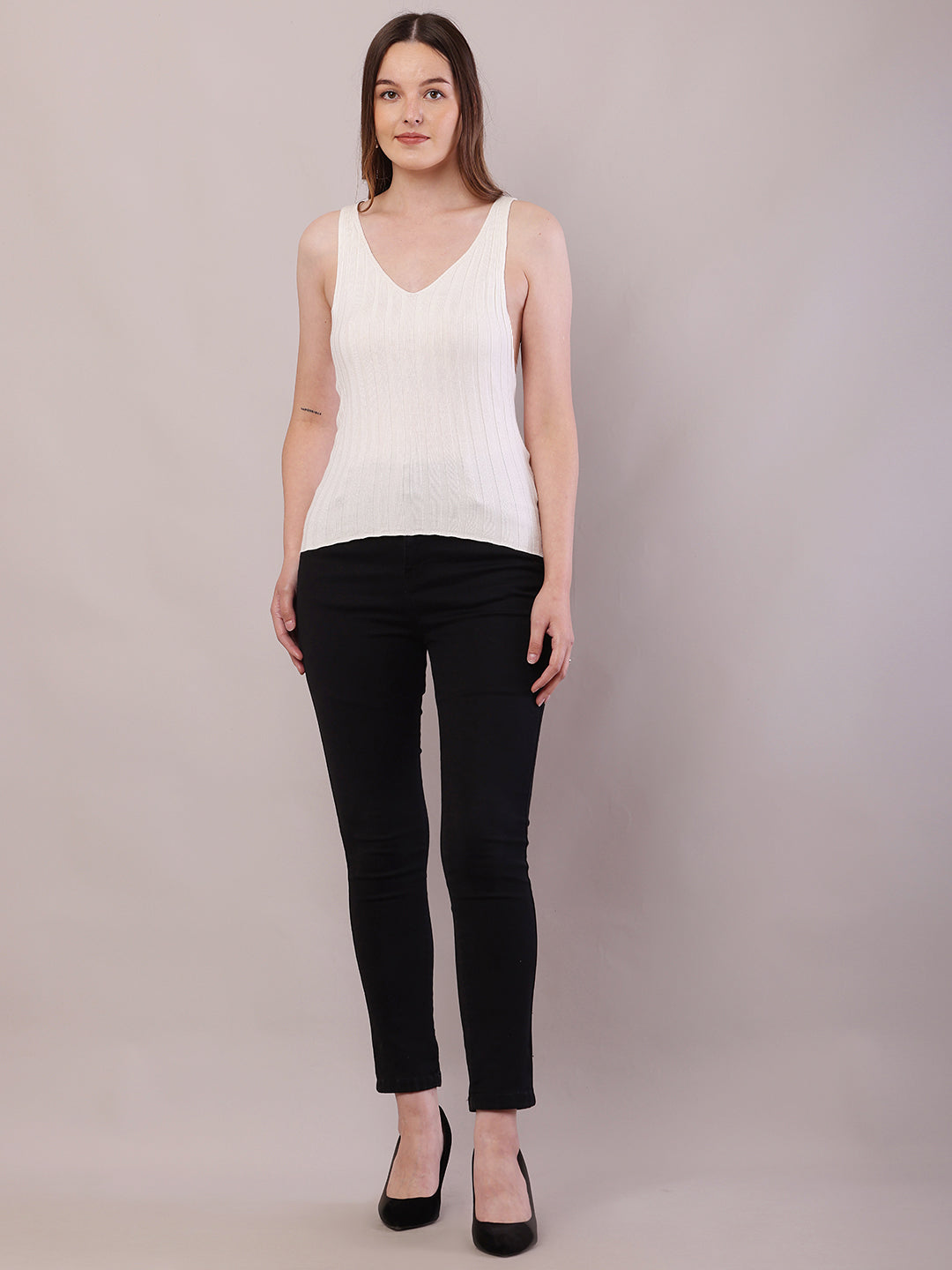 Viscose V-Neck with Maximum stretchable sleeveless White Crop Tank Top