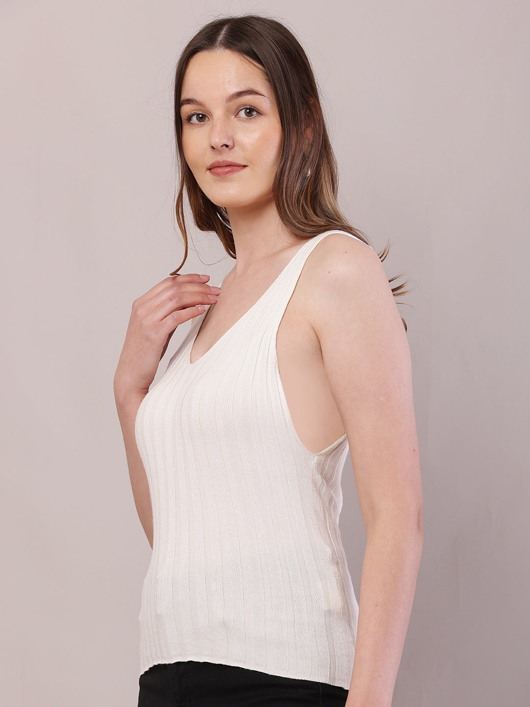 Viscose V-Neck with Maximum stretchable sleeveless White Crop Tank Top