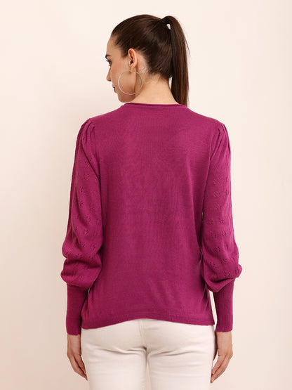 Acrylic Puff Full Sleeve with Round Neck Purple Sweater