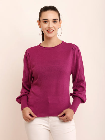 Acrylic Puff Full Sleeve with Round Neck Purple Sweater