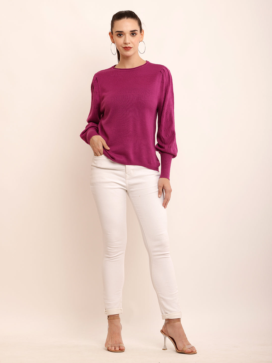 Acrylic Puff Full Sleeve with Round Neck Purple Sweater