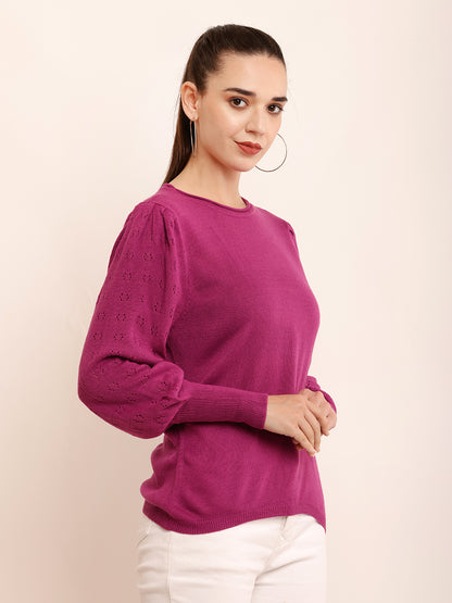 Acrylic Puff Full Sleeve with Round Neck Purple Sweater