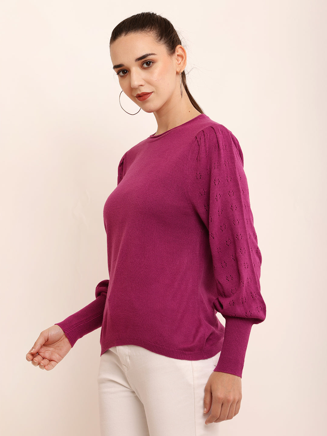 Acrylic Puff Full Sleeve with Round Neck Purple Sweater