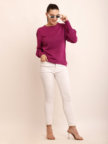 Acrylic Puff Full Sleeve with Round Neck Purple Sweater