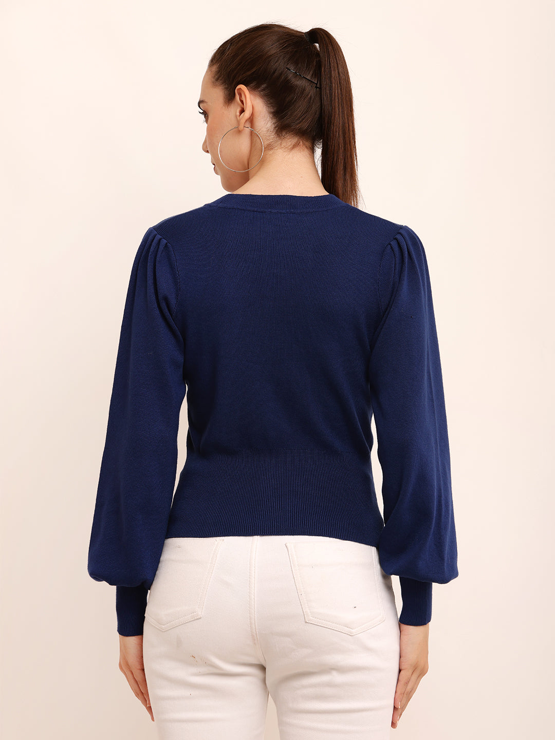 NoBarr Women’s Viscose Full Sleeve with Round neck Keyhole Neck Dark Blue Blouson Top