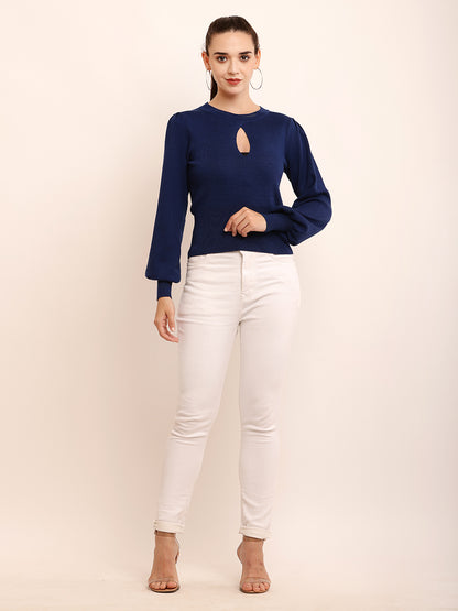 NoBarr Women’s Viscose Full Sleeve with Round neck Keyhole Neck Dark Blue Blouson Top