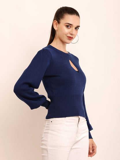 NoBarr Women’s Viscose Full Sleeve with Round neck Keyhole Neck Dark Blue Blouson Top