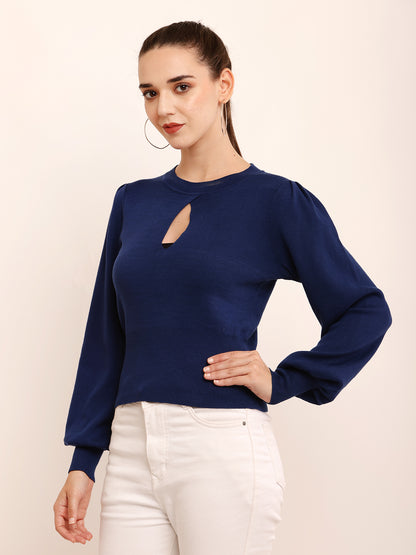 NoBarr Women’s Viscose Full Sleeve with Round neck Keyhole Neck Dark Blue Blouson Top