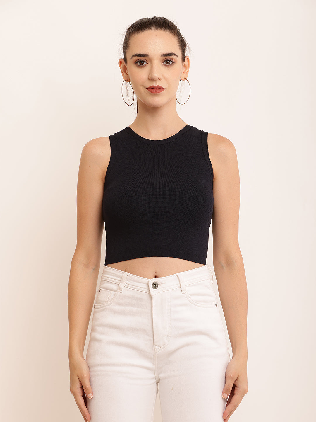 Viscose Round Neck with Sleeveless Ribbed Crop Black Top