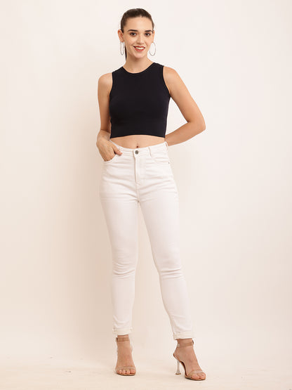 Viscose Round Neck with Sleeveless Ribbed Crop Black Top