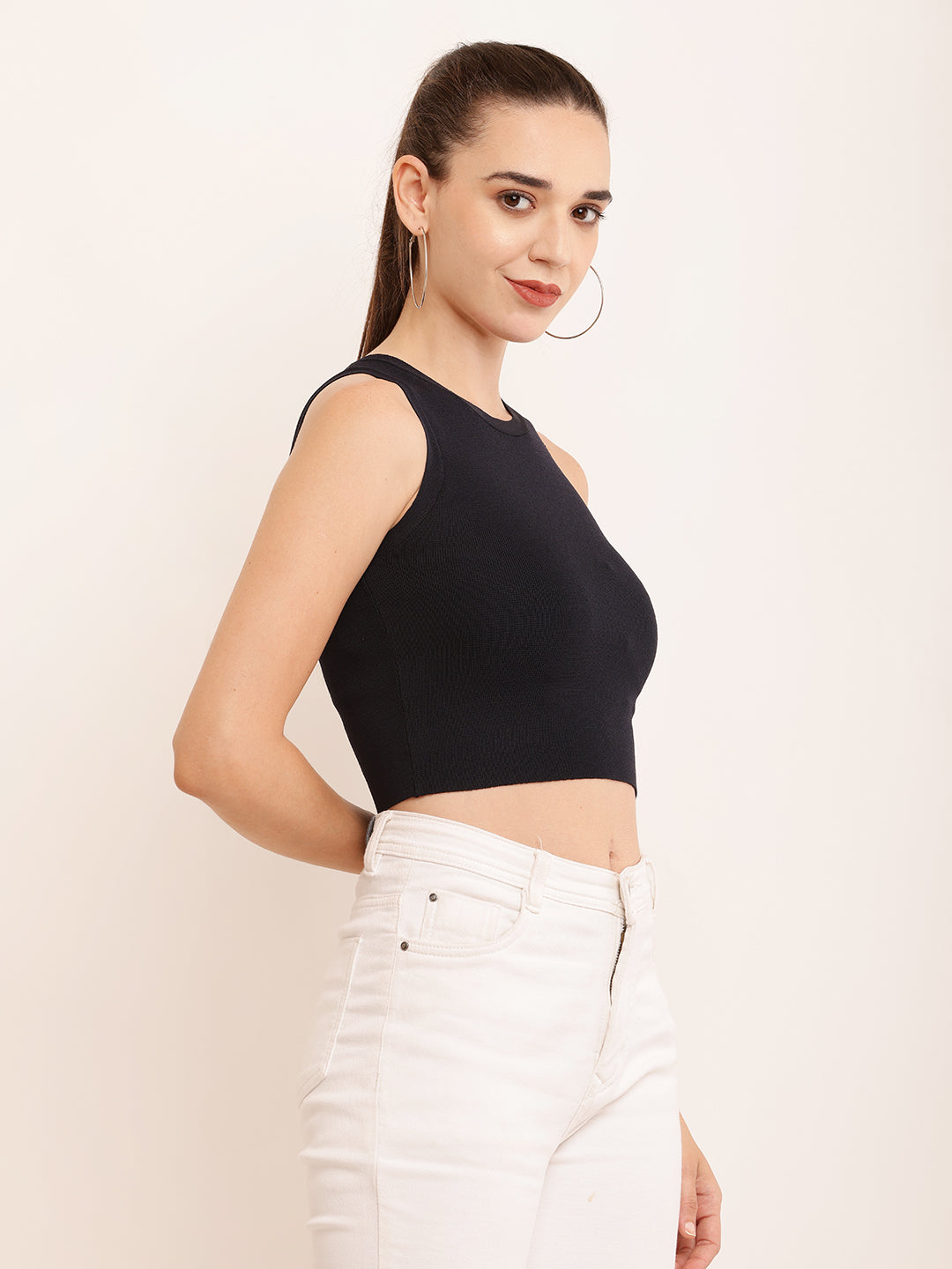 Viscose Round Neck with Sleeveless Ribbed Crop Black Top