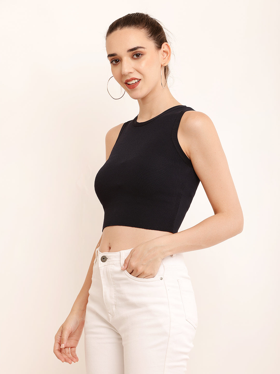 Viscose Round Neck with Sleeveless Ribbed Crop Black Top