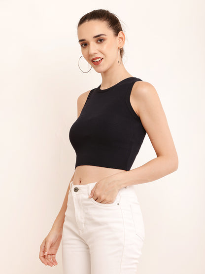 Viscose Round Neck with Sleeveless Ribbed Crop Black Top