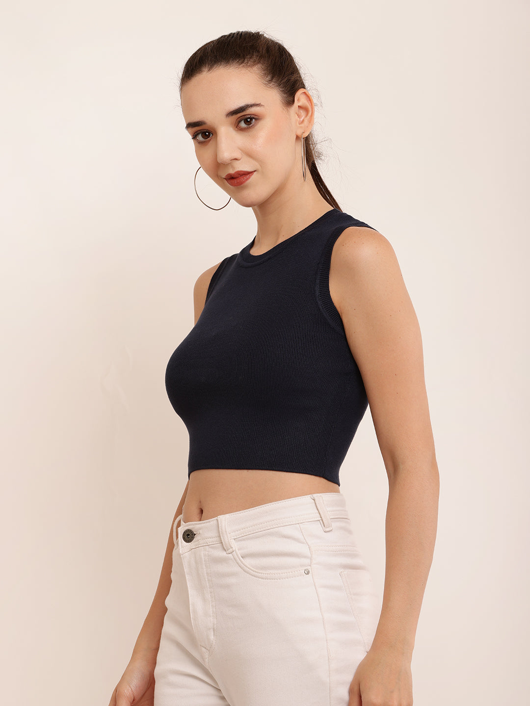 Viscose Round Neck with Sleeveless Ribbed Crop Dark Blue Top