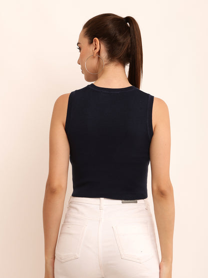 Viscose Round Neck with Sleeveless Ribbed Crop Dark Blue Top