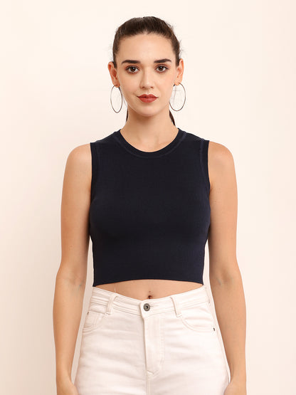 Viscose Round Neck with Sleeveless Ribbed Crop Dark Blue Top