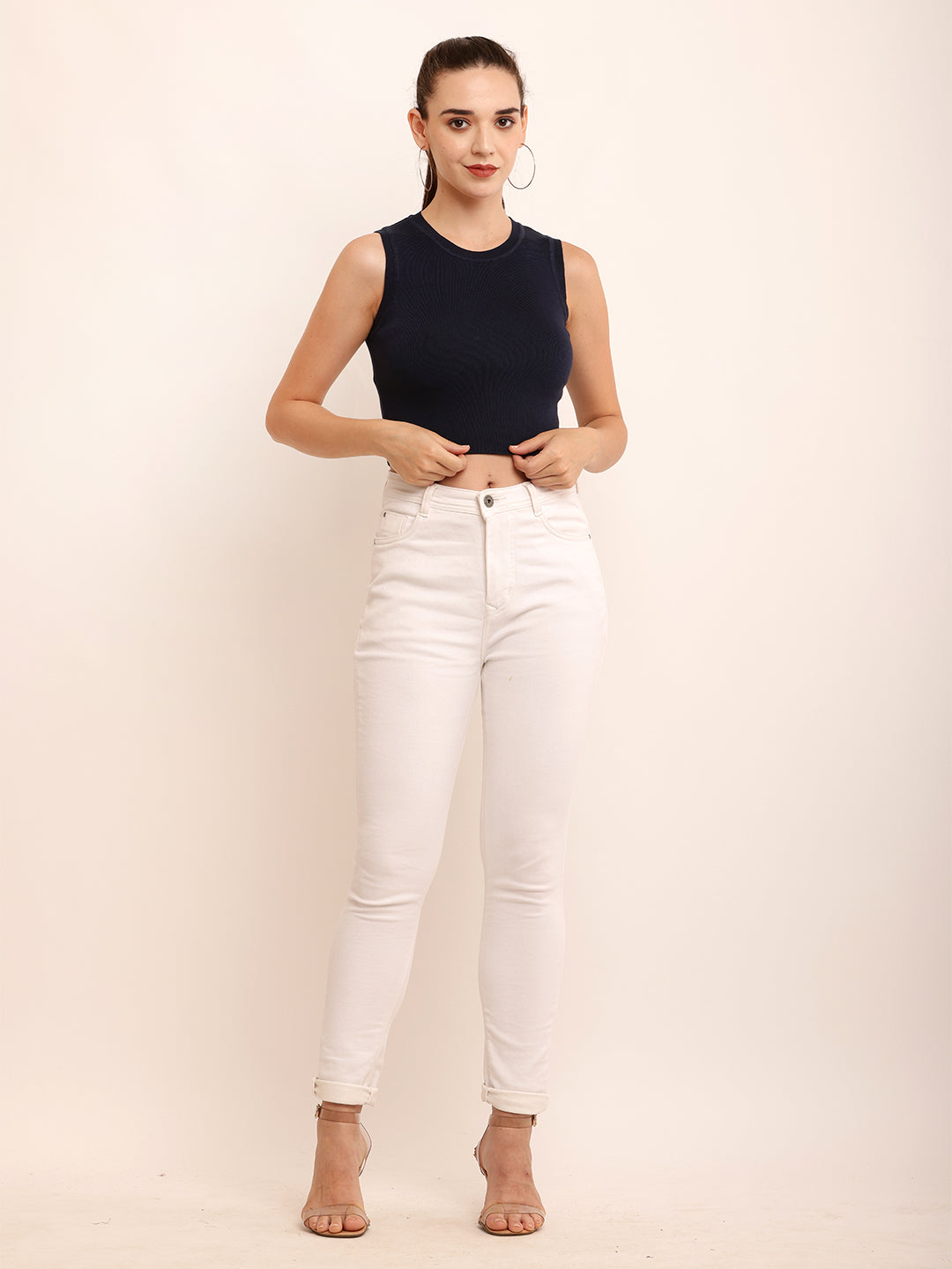 Viscose Round Neck with Sleeveless Ribbed Crop Dark Blue Top