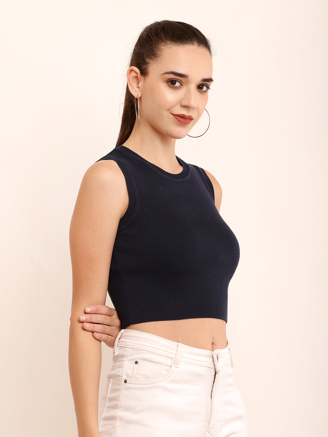 Viscose Round Neck with Sleeveless Ribbed Crop Dark Blue Top