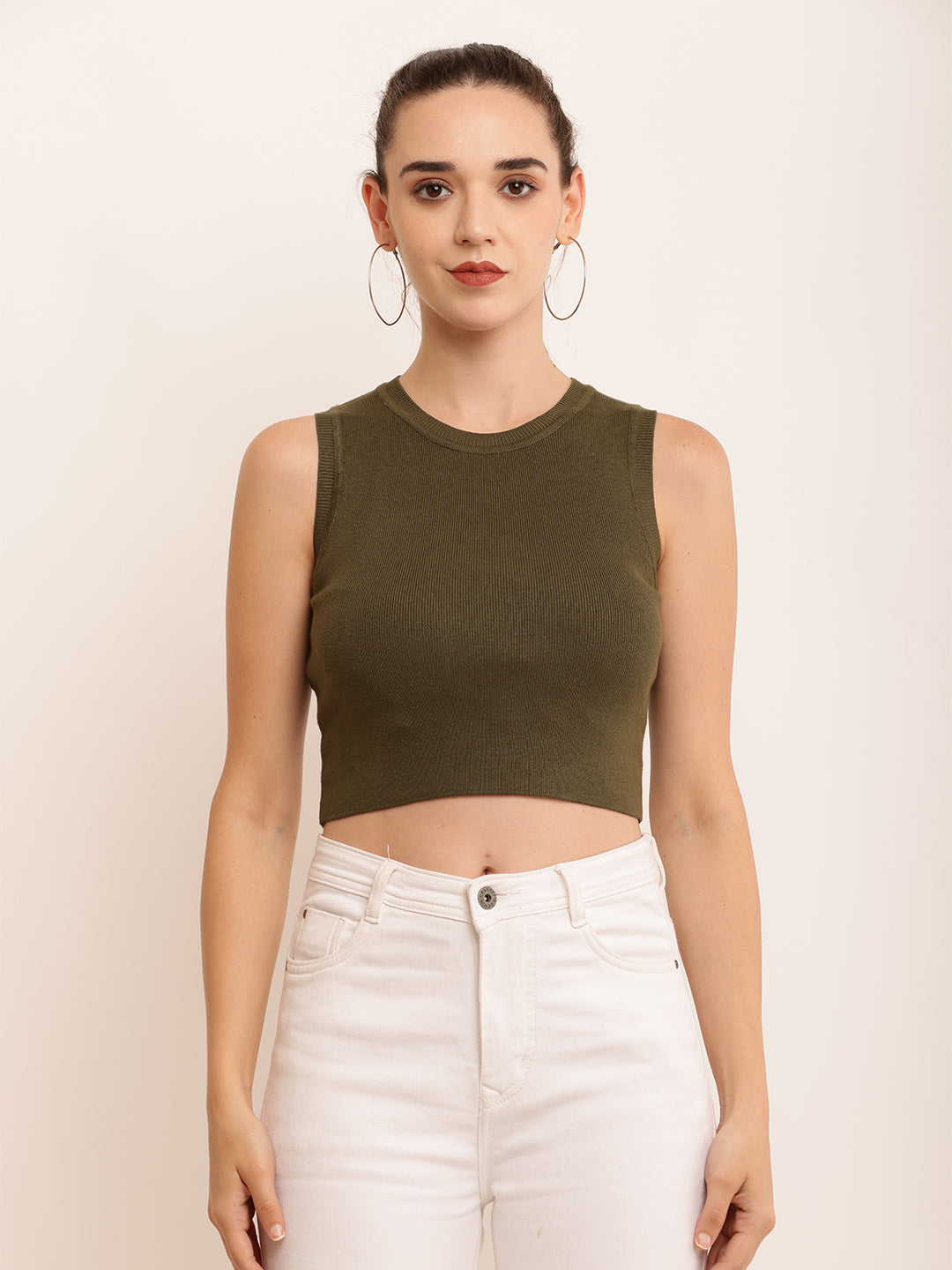 Viscose Round Neck with Sleeveless Ribbed Crop Dark Green Top