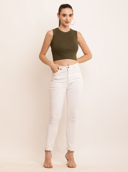 Viscose Round Neck with Sleeveless Ribbed Crop Dark Green Top