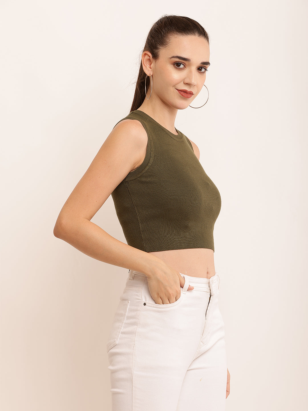 Viscose Round Neck with Sleeveless Ribbed Crop Dark Green Top