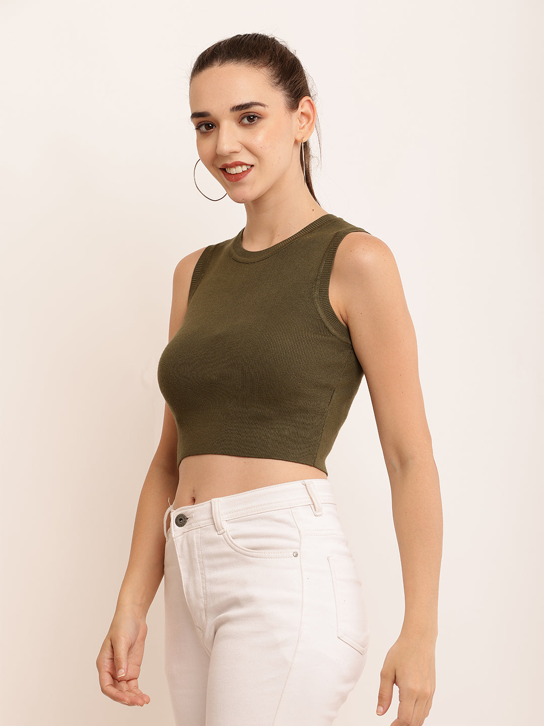 Viscose Round Neck with Sleeveless Ribbed Crop Dark Green Top