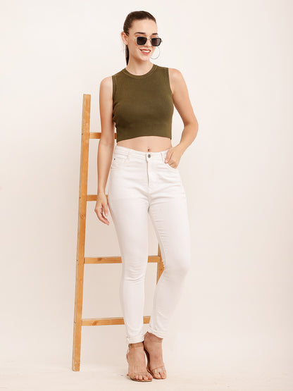 Viscose Round Neck with Sleeveless Ribbed Crop Dark Green Top