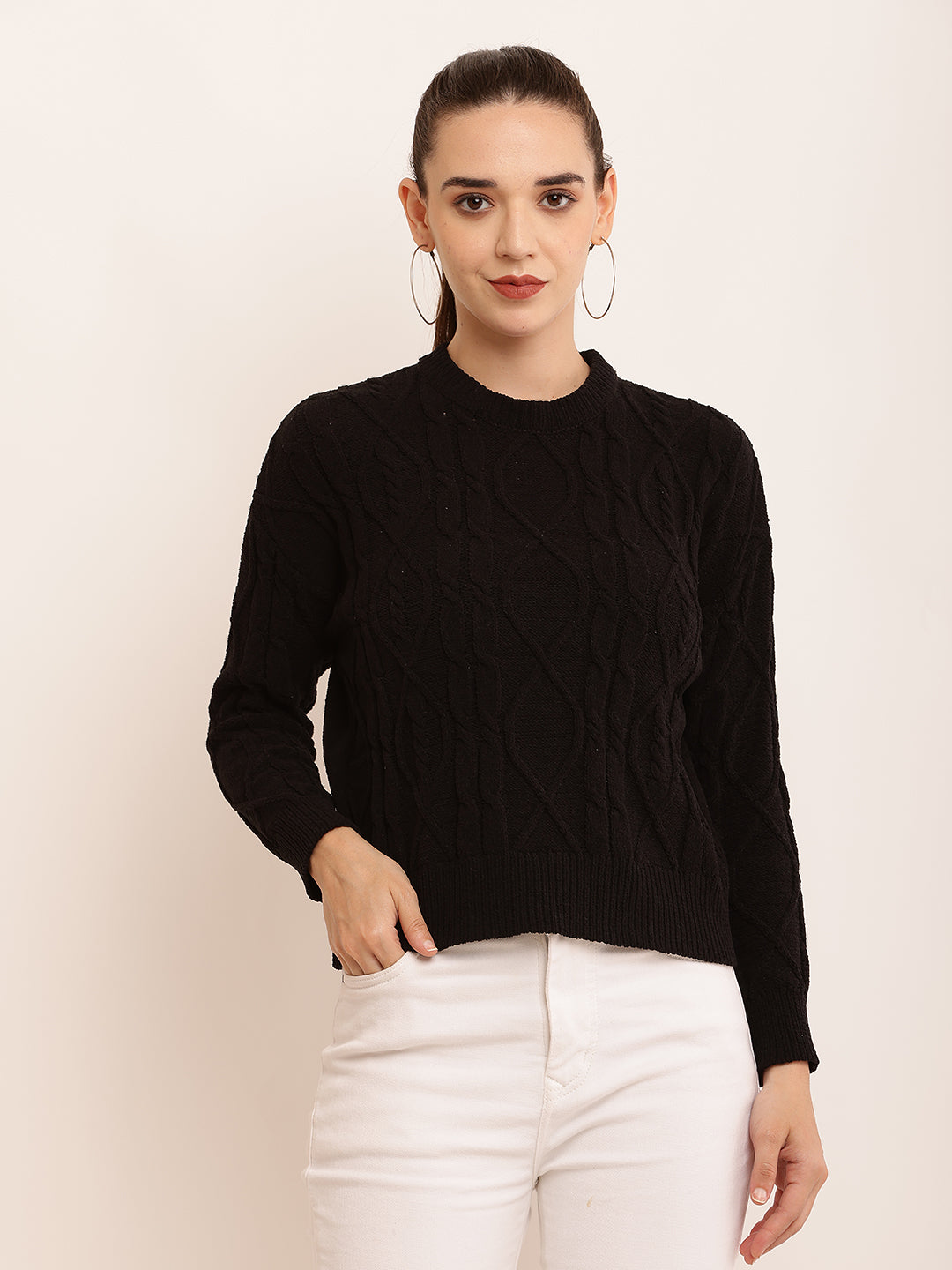 Viscose Full Sleeve with Round Neck cable knit Black sweater