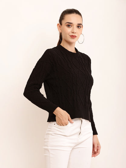 Viscose Full Sleeve with Round Neck cable knit Black sweater