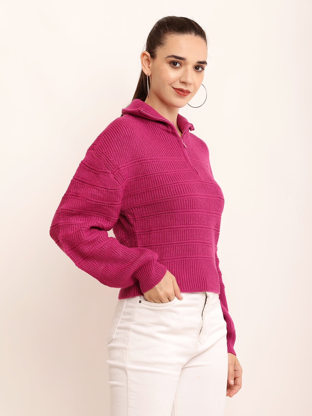 Acrylic Shirt Collar with Full Sleeve Dark Pink Sweatshirt