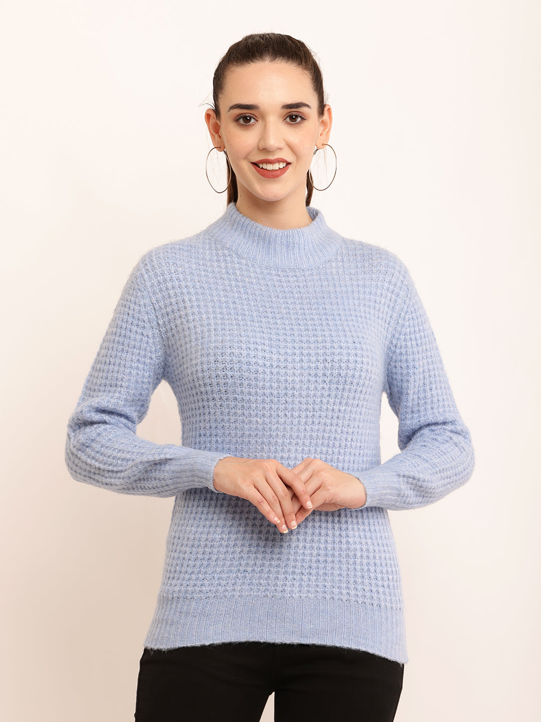 Acrylic Turtle Neck with Full Sleeve knitted Light Blue Sweater