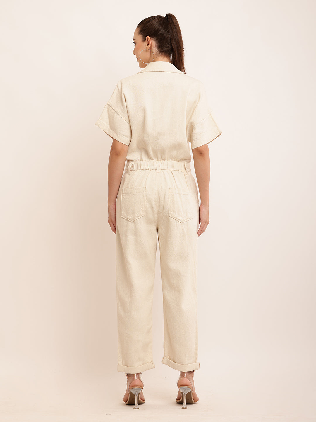 Cotton Short Sleeve with Shirt Collar Elegant Cream Jumpsuit