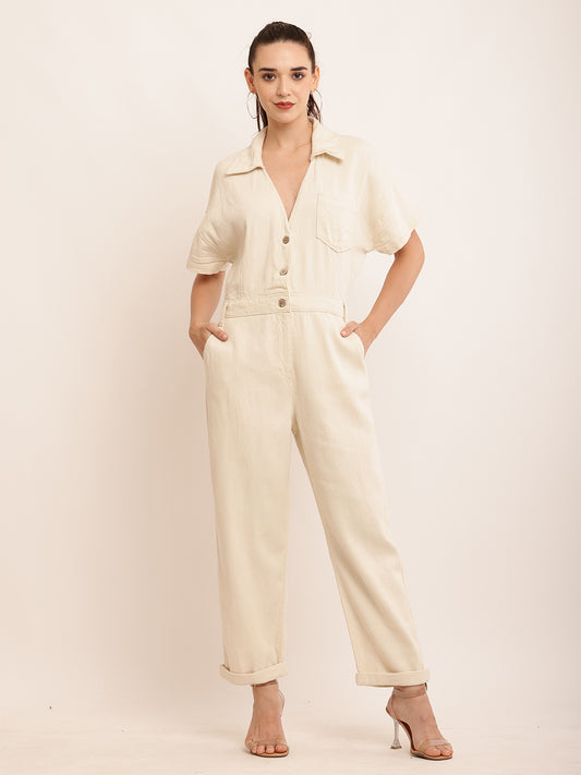 Cotton Short Sleeve with Shirt Collar Elegant Cream Jumpsuit