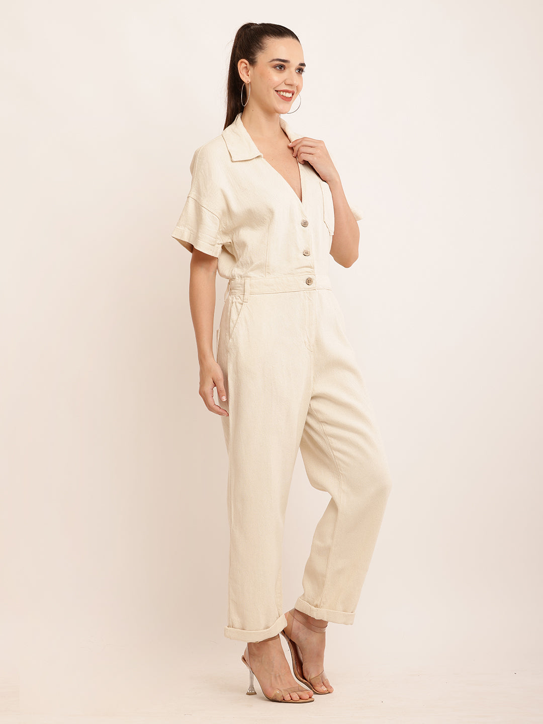 Cotton Short Sleeve with Shirt Collar Elegant Cream Jumpsuit