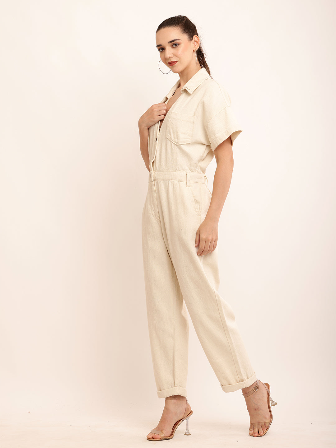 Cotton Short Sleeve with Shirt Collar Elegant Cream Jumpsuit