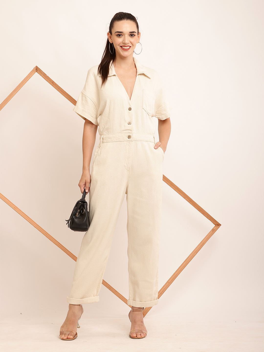 Cotton Short Sleeve with Shirt Collar Elegant Cream Jumpsuit