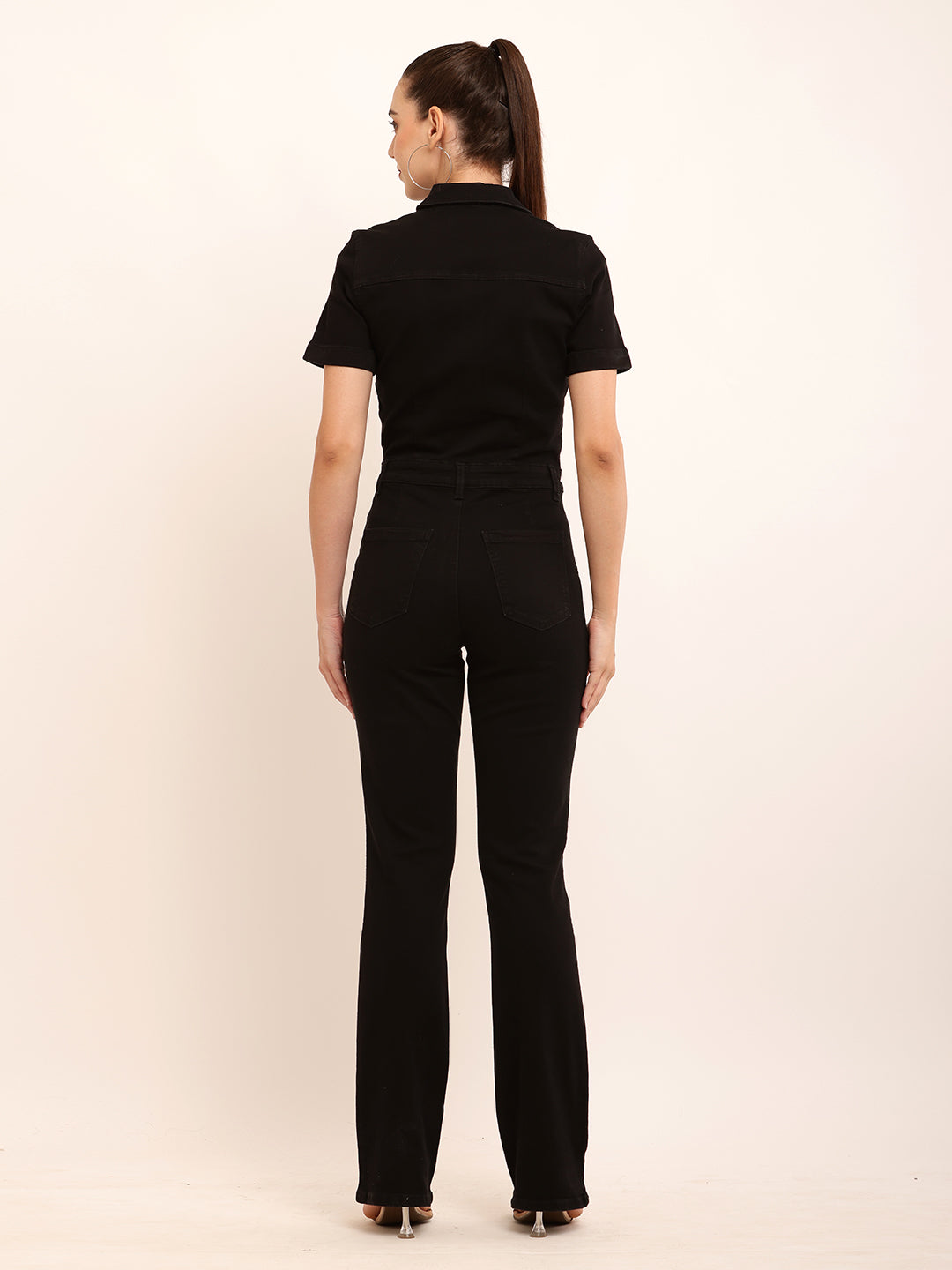 Cotton Short Sleeve with Zipper Detail Denim Black Jumpsuit