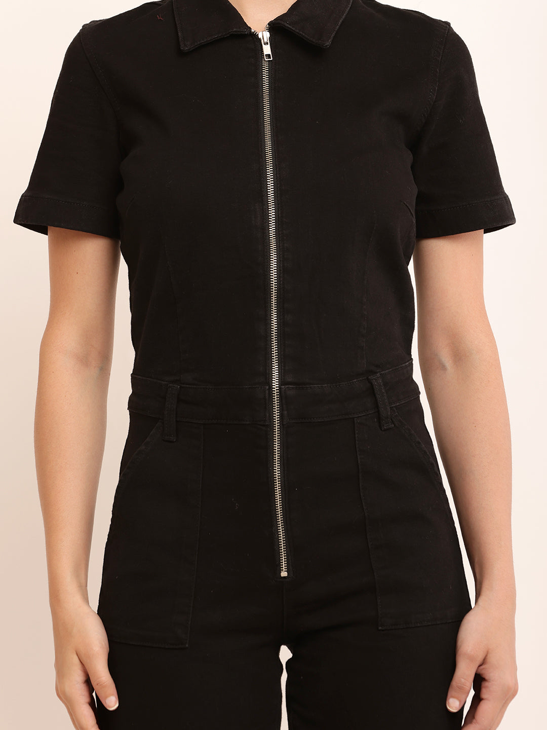 Cotton Short Sleeve with Zipper Detail Denim Black Jumpsuit