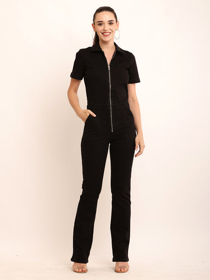 Cotton Short Sleeve with Zipper Detail Denim Black Jumpsuit