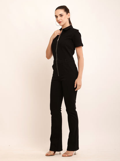 Cotton Short Sleeve with Zipper Detail Denim Black Jumpsuit