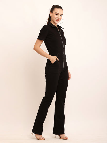 Cotton Short Sleeve with Zipper Detail Denim Black Jumpsuit