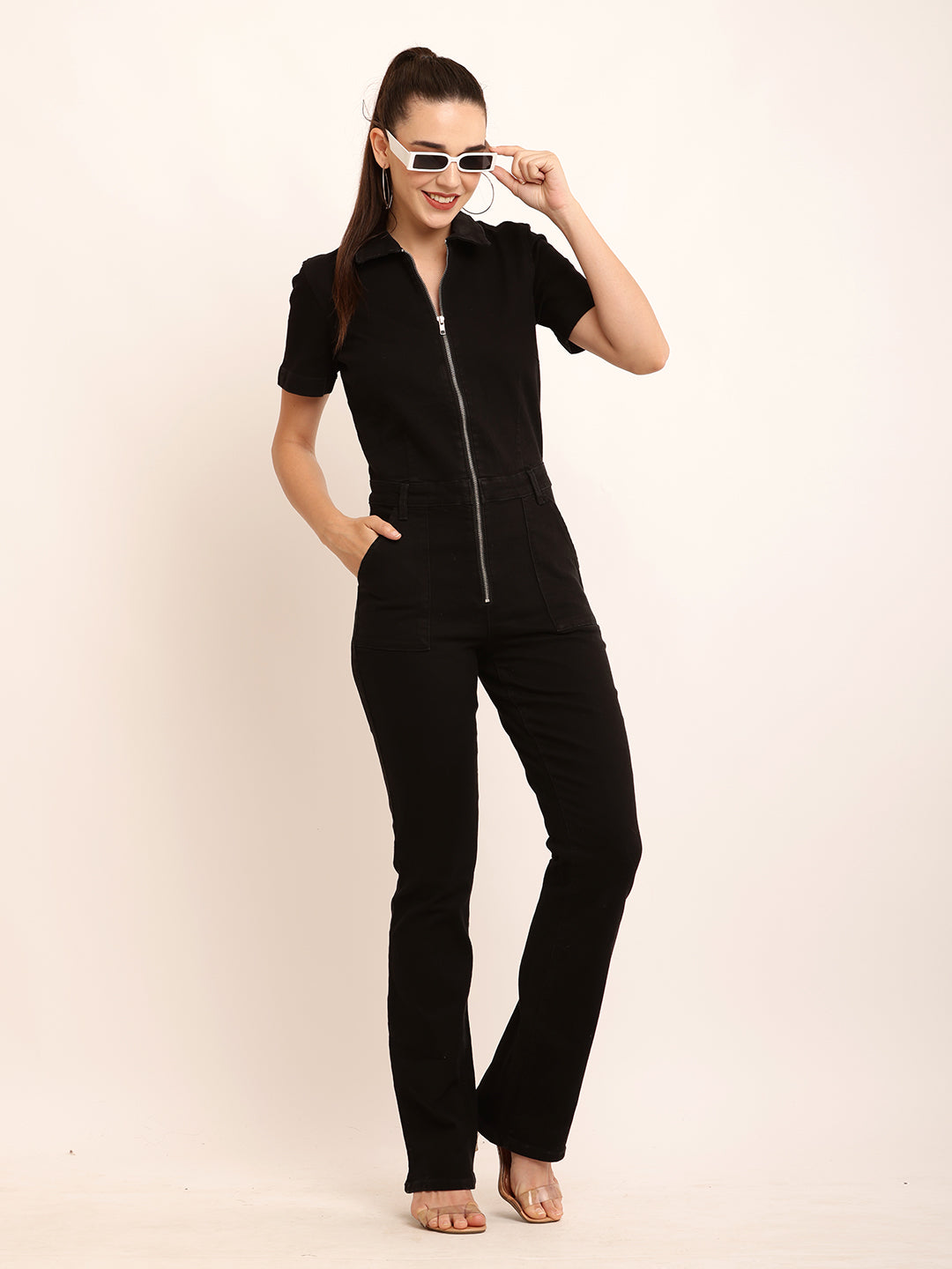 Cotton Short Sleeve with Zipper Detail Denim Black Jumpsuit