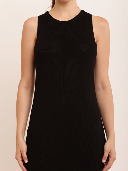 Viscose Sleeveless with Crew Neck Ribbed Black Shift Dress