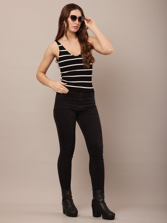 Viscose with V-neck with sleeveless and black and white stripe Top